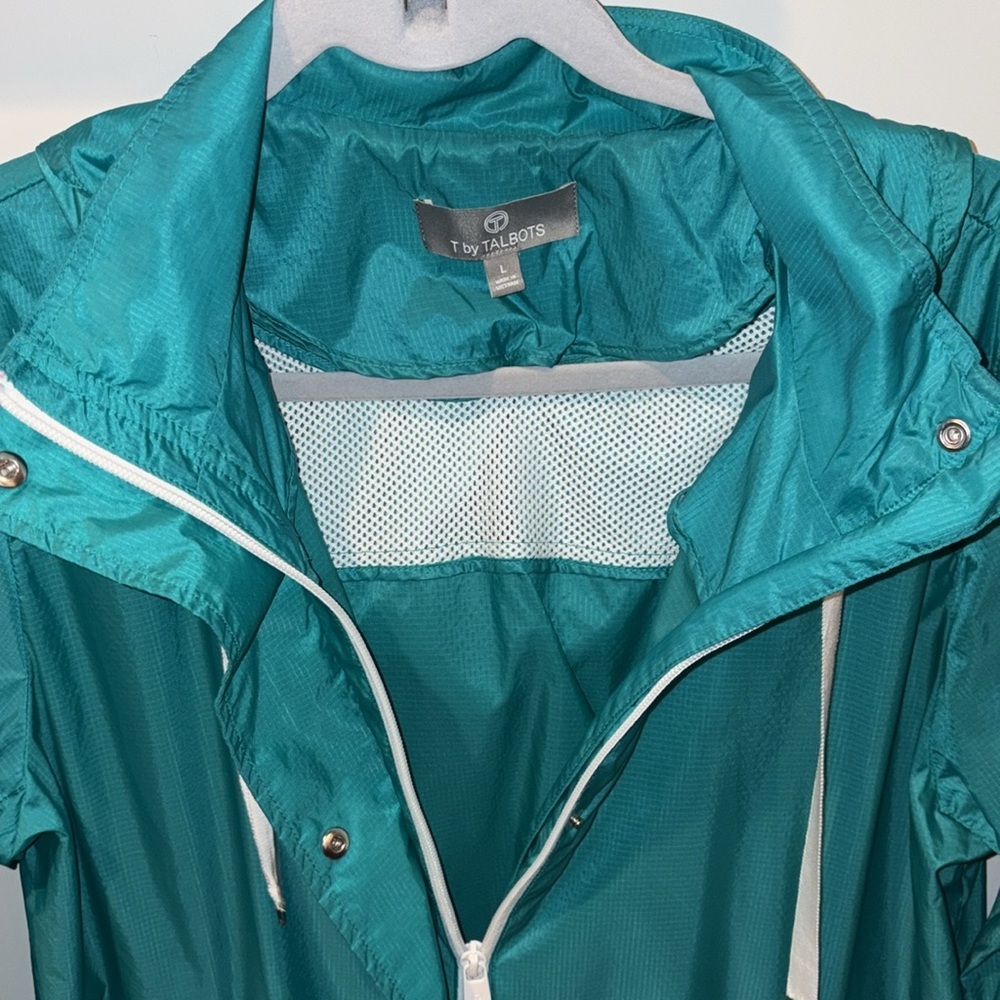 T by Talbots Teal Nylon Hooded Lightweight Packable Windbreaker Size Large - Picture 5 of 11